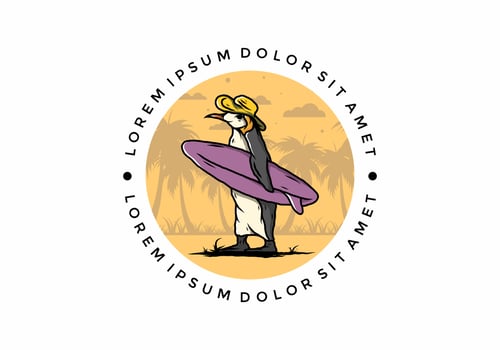 Cute penguin carrying a surfboard on the beach illustration vector