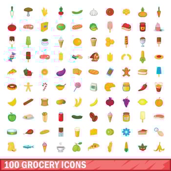 100 grocery icons set, cartoon style vector