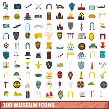 100 museum icons set, flat style vector