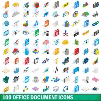 100 office document icons set, isometric 3d style vector
