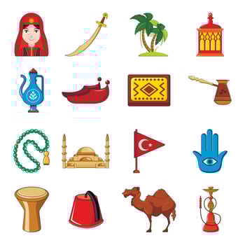 Turkey travel icons set, cartoon style vector