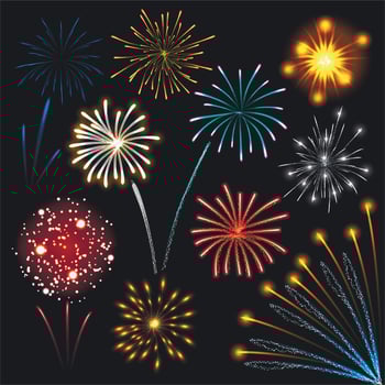 Fireworks set colorful explosions, realistic style vector