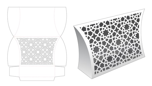 Stenciled pattern pillow box die cut template and 3D mockup vector
