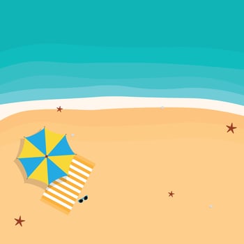 Seashore top view, Beach umbrella summer with sand, sea water and beach background. Vector illustration