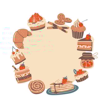 Round frame with dessert elements. Vector wreath.