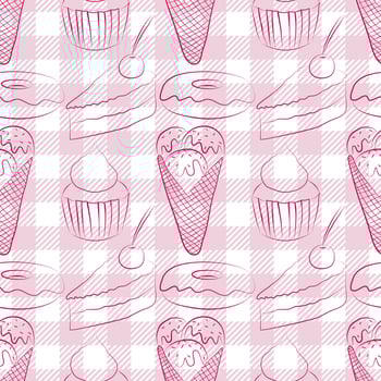 Seamless pattern with lines drawn dessert. Dessert and checkered background. Wrapping paper pattern. vector