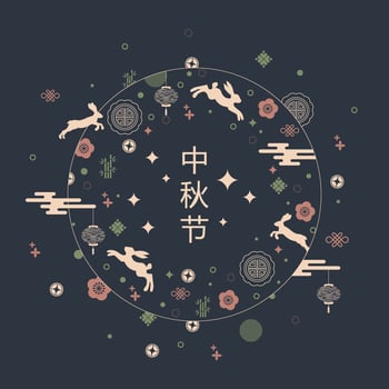 Mid autumn festival square banner with traditional patterns, cute bunnies and asian elements on dark blue background. Translation from Chinese - Mid-Autumn Festival. Vector illustration