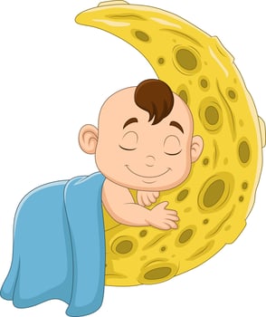Cartoon baby boy sleeping on the moon vector
