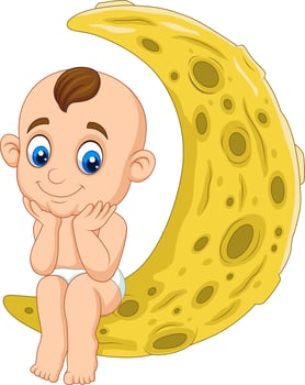 Cartoon baby boy sitting on the moon vector