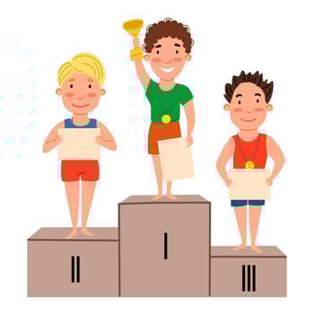 The winning children standing on the podium. Boys with diplomas and medals. vector