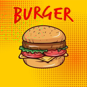 Cartoon tasty big hamburger with cheese and sesame seeds isolated on yellow background. Vector illustration