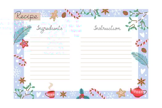 Christmas holiday baking recipe template with ingredients and instructions copy space vector