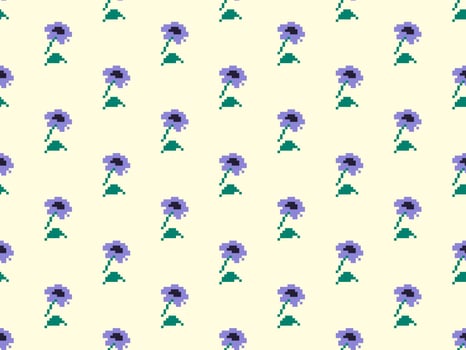 Flower cartoon character seamless pattern on yellow background. Pixel style vector