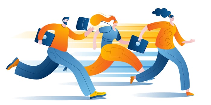 Men and women in casual clothes with laptops are running fast. vector