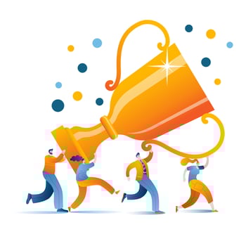 People cheerfully go with a winning cup in their hands. vector