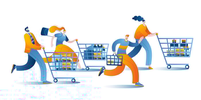 Set of people with carts shopping in the supermarket. vector