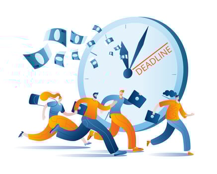 Men and women in casual clothes with laptops are running fast. vector