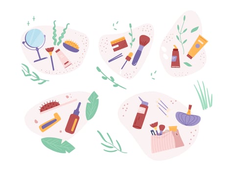Beauty routine and skincare cosmetic products and accessories flat vector illustrations set.