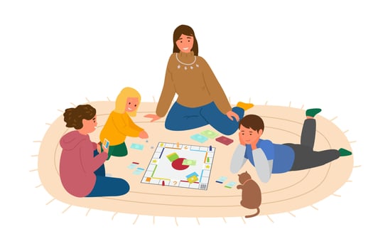 Mother Or Teacher Playing Boardgame With Children On The Floor. Vector Illustration. Isolated On White.
