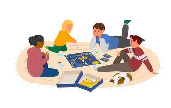 Kids Playing Board Game At The Floor Vector Illustration. Isolated On White.