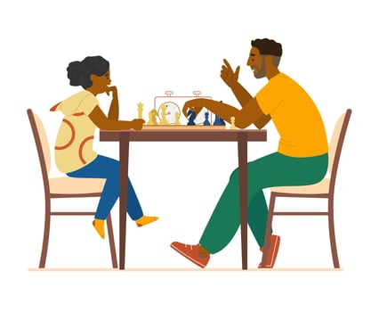 Father Teaches Daughter To Play Chess. African American Family At Home Flat Vector Illustration. Isolated On White.