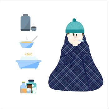 Frostbite concept. Man with hat wrapped in plaid, hot food, thermos with tea, bowl of soup, medicines, bathtub. Healthcare concept. Vector illustration