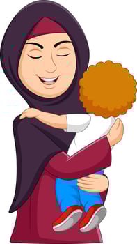 Muslim mother hugging her son vector