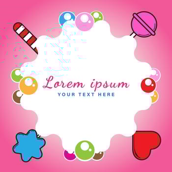 Colorful sweet candies with rounded star label on pink color background. Suitable for social media post, banner, greeting card or print media promotion. Vector illustration Design Template.