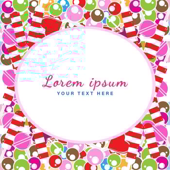 Vector illustration of colorful sweet candies around ellipse label. Design Template. Suitable for social media post, banner, greeting card or print media promotion