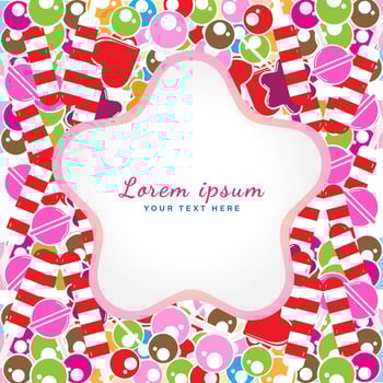 Vector illustration of colorful sweet candies with rounded star label. Design Template. Suitable for social media post, banner, greeting card or print media promotion