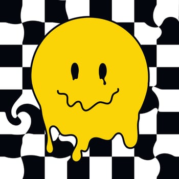 Funny psychedelic surreal melt smile face. Melted smiley face, trippy sticker. geometry futuristic, check grid background art. comic acid for poster, graphic tee print, bullet journal cover, card vector