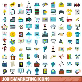 100 e-marketing icons set, flat style vector