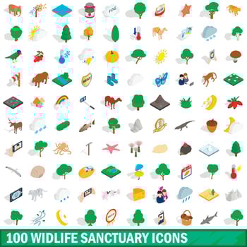 100 widlife sanctuary icons set, isometric style vector