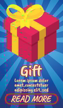 Gift concept banner, comics isometric style vector