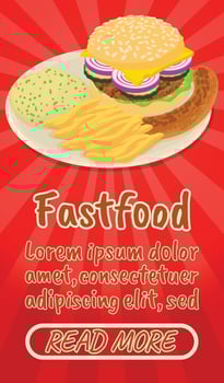 Fastfood concept banner, comics isometric style vector
