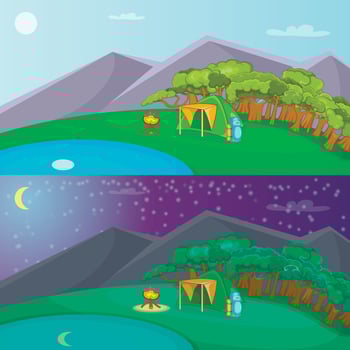 Camping banner set horizontal, cartoon style vector