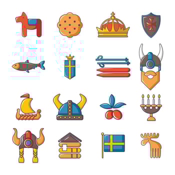 Sweden travel icons set, cartoon style vector