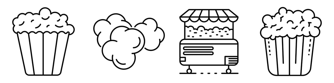 Popcorn icons set, outline style vector