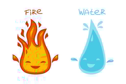 Fire flame and water drop cute character isolated on a white background. Vector flat cartoon illustration.