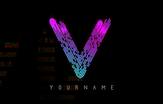 Vibrant pink and blue V letter logo concept. Creative minimal monochrome monogram with lines and finger print pattern. vector