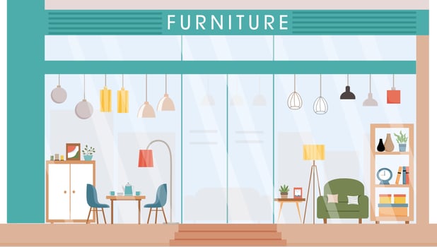 Furniture store facade. Modern furniture shop Vector illustration. Retail trail. Shop window with table, chairs, armshair, lamps, wardrobe, home decor. Front view of furniture store.