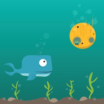 Cute cartoon Whale underwater wonderingly looking on yellow submarine.  flat vector illustration