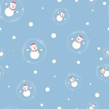 Merry christmas seamless pattern, glass ball with snowman on blue background, vector illustration
