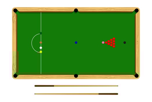 Flat cartoon snooker table, billiard ball set, brown wooden table and cue isolated on white background, vector illustration