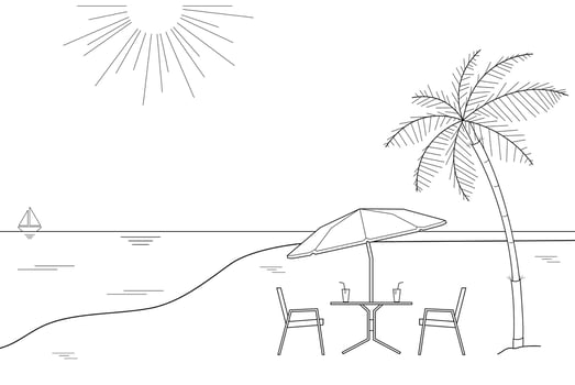 Black and white outline drawing of a striped beach umbrella and the two wooden chairs on a white background, vector illustration