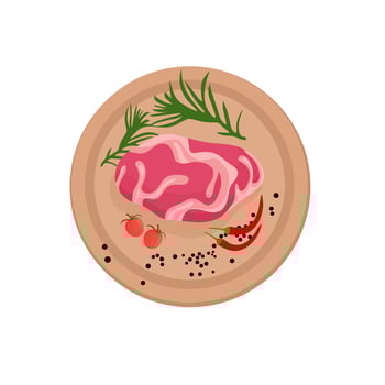 Vector of beef tanderloin. Slice of fresh steak on a cutting board, with tomatoes, chilies and vegetables on top. Vector illustration in flat style. Great for burgers.