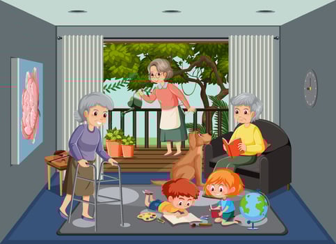 Elderly women with her grandchildren vector