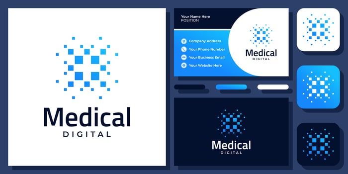Medical Technology Digital Plus Sign Medicine Connection Link Vector Logo Design with Business Card