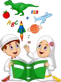 Cartoon Muslim kids reading book education concept vector