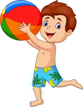 Cartoon happy boy holding beach ball vector